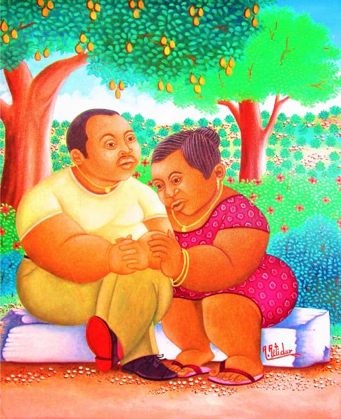 Art work on display at Tropical Art Fair - painting of a man and a woman sitting closely on a bench wtih a background of trees