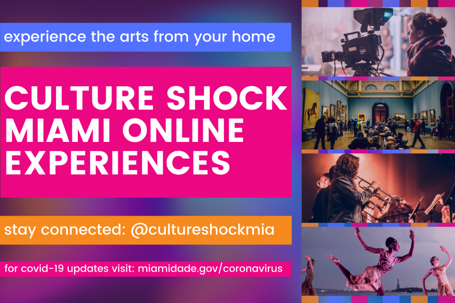 Brightly colored image with purple pink and yellow promoting Culture Shock Miami online experiences